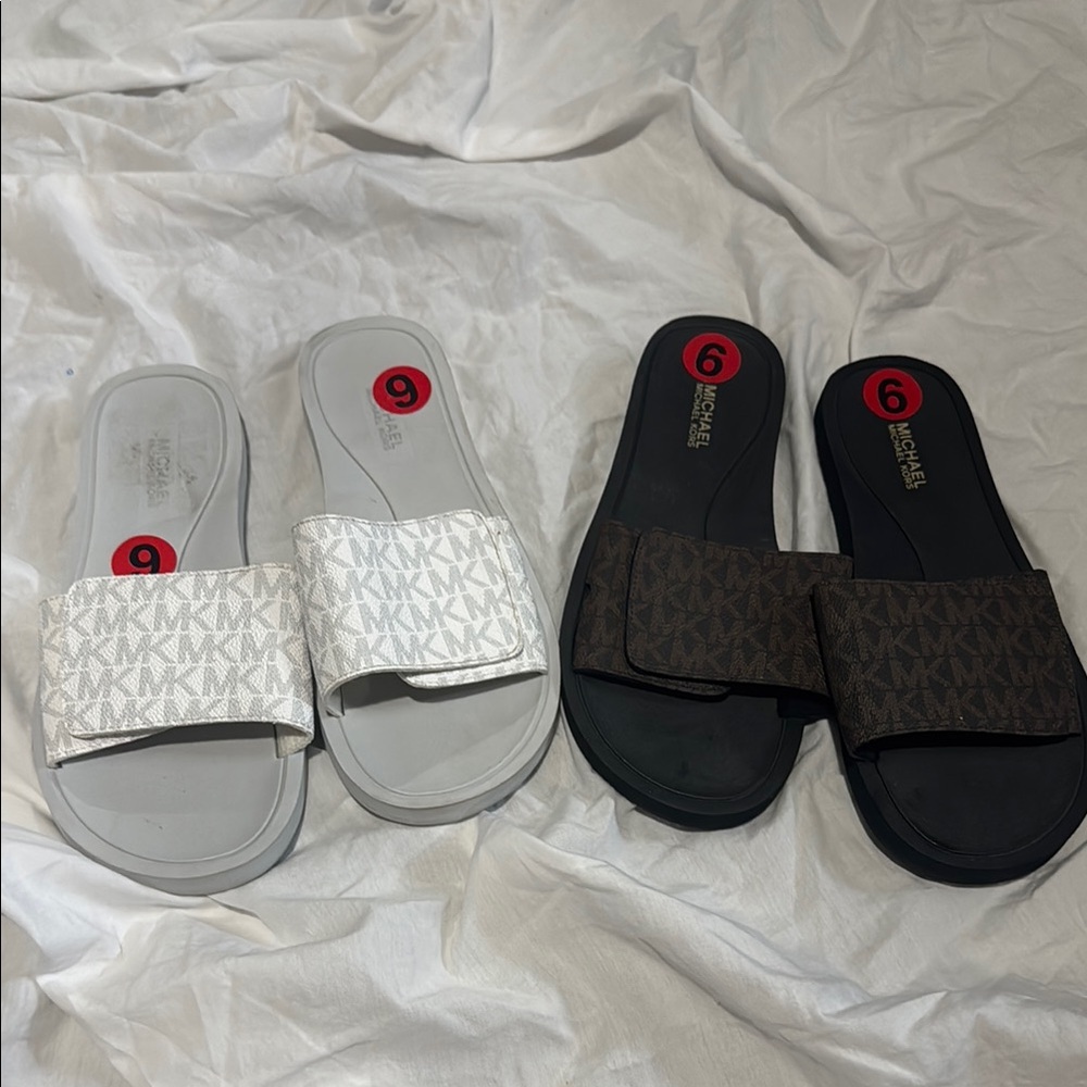 Michael Kors White and Brown Logo Slides